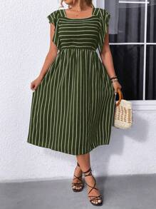 SHEIN LUNE 大尺碼女士條紋印花簡約日常連衣裙 - 軍綠色 - 查看 4
