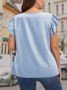 SHEIN Clasi Blusa de manga de mariposa con cuello en V con lentejuelas en contraste en tamaño grande - Azul - Ver 2