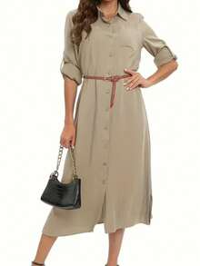Vestido camisero largo de color liso de verano para mujer con cierre de hebilla de una sola hilera - Caqui - Ver 3