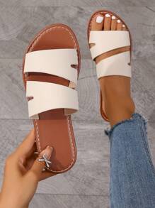 新款時尚女款H型拖鞋，沙漠風法式高級感平底拖鞋，鑲水鑽厚底沙灘鞋，黑色、棕色 - 米色 - 查看 3