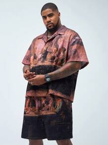 Manfinity VCAY Manfinity NXTstreet Men's Plus Size 2pcs Painting Figure Loose Drop-Shoulder Short Sleeve Top And Mid-Waist Straight Shorts Suit, Suitable For Summer