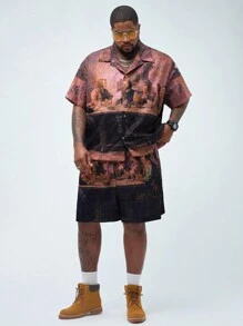 Manfinity VCAY Manfinity NXTstreet Men's Plus Size 2pcs Painting Figure Loose Drop-Shoulder Short Sleeve Top And Mid-Waist Straight Shorts Suit, Suitable For Summer