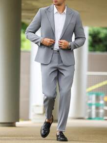 Manfinity Mode Men's Plus Size Spring/Fall Classy Lapel Long Sleeve Suit Jacket And Pants Business Travel Suit Set - Light Grey - View 3