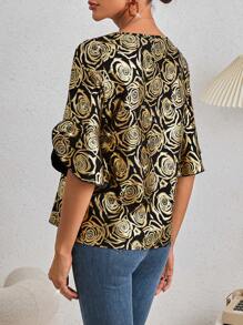 SHEIN Clasi Round Neck Asymmetrical Short Sleeve Loose Shirt With Puff Sleeves And Gold Printing - Gold - View 2