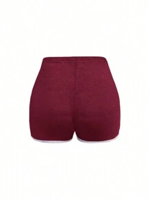 INAWLY 女士纯色简约日常紧身短裤，夏季女士健身服 - 酒紅色 - 查看 2