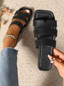 韩式女士休闲平底拖鞋，夏季露趾凉鞋，秋季编织罗马风格沙滩拖鞋，搭配时尚法式裙装，非常适合海滩或海边户外活动，平底波西米亚风格休闲鞋，夏季度假风格平底凉鞋 - 黑色 - 查看 1