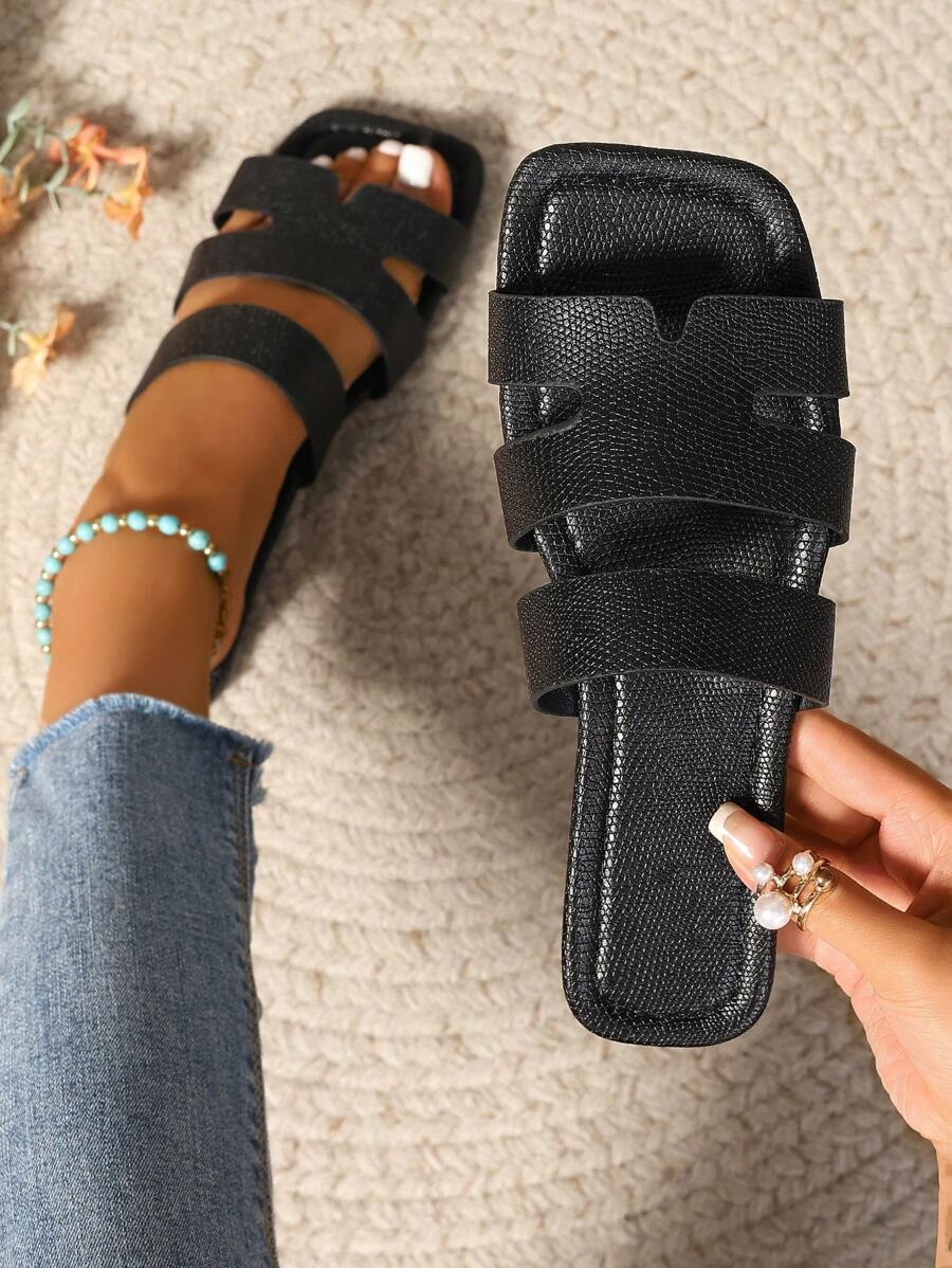 韩式女士休闲平底拖鞋，夏季露趾凉鞋，秋季编织罗马风格沙滩拖鞋，搭配时尚法式裙装，非常适合海滩或海边户外活动，平底波西米亚风格休闲鞋，夏季度假风格平底凉鞋 - 黑色 - 查看 1