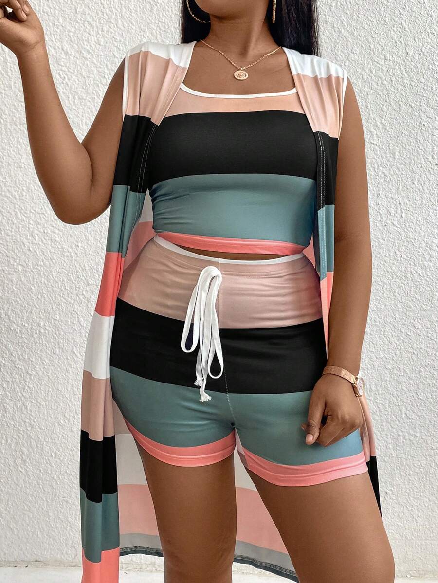 Inoviana Conjunto casual de chaleco de ajuste estrecho con mangas sin mangas de talla grande para mujer, de verano y largo, de color-bloqueo, con pantalones cortos con cintura atada - Multicolor - Ver 1