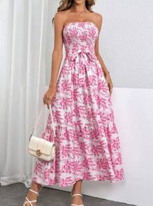 SHEIN Privé 女士優雅花卉印花無肩帶長裙，夏季款 - 彩色 - 查看 5