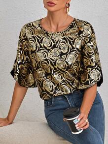 SHEIN Clasi Round Neck Asymmetrical Short Sleeve Loose Shirt With Puff Sleeves And Gold Printing - Gold - View 5