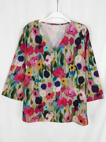 Women's Casual Flower Print Shirt (Non-Positioned Print),Three Quarter Sleeve Tops
