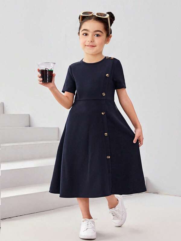 SHEIN Young Girl Joint Elegant Casual Round Neck Short Sleeve Midi Dress With Split Design