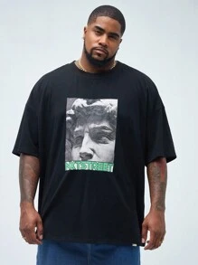 Manfinity VCAY Men's Plus Size Casual David Sculpture Printed Loose Fit Drop Shoulder Round Neck Short Sleeve T-Shirt, Suitable For Summer Daily Wear