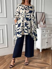 EMERY ROSE Plus Geo Print Asymmetrical Hem Top & Wide Leg Pants For Summer,Spring/Vacation - Blue - View 1