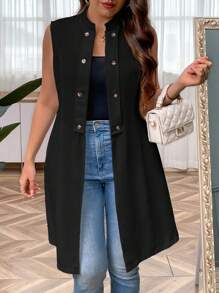 SHEIN Clasi Plus Size Double-Breasted Long Sleeveless Shirt - Black - View 5