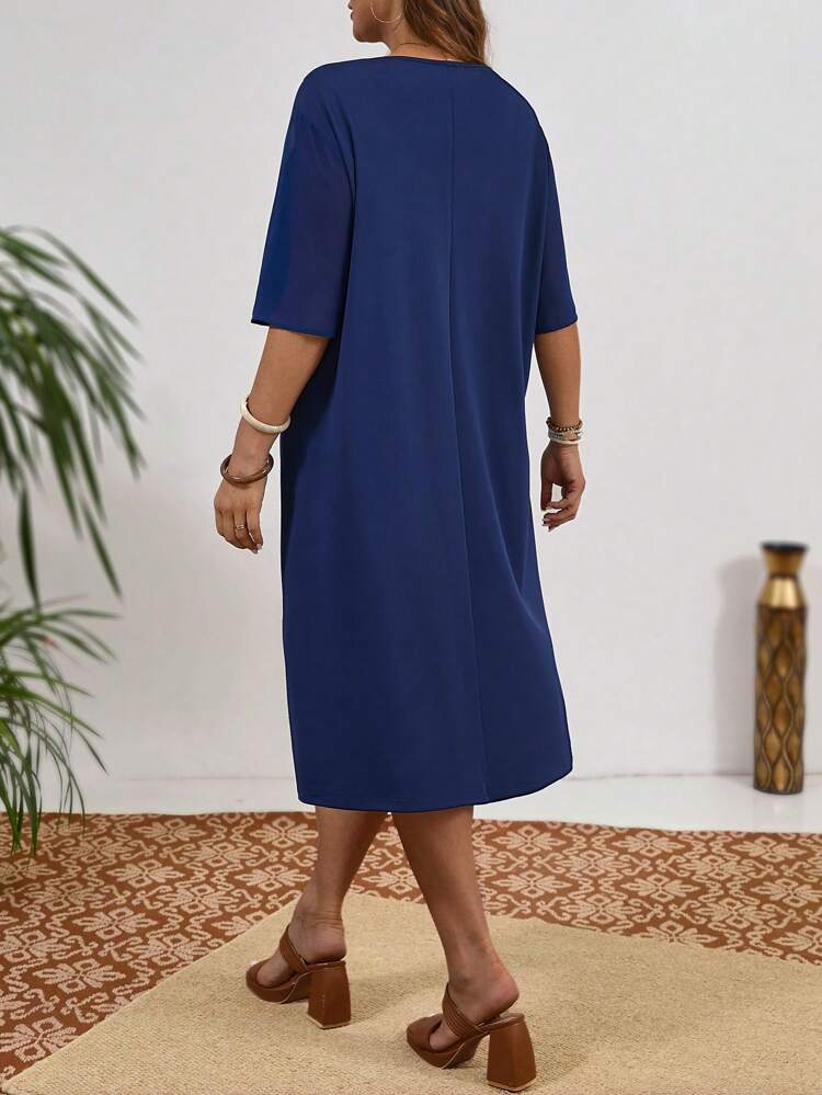Plus Button Front V Neck Solid Overlay Dress For Summer