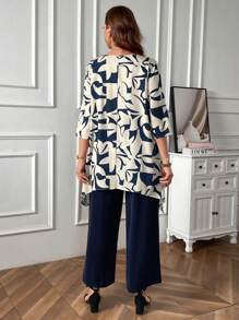 EMERY ROSE Plus Geo Print Asymmetrical Hem Top & Wide Leg Pants For Summer,Spring/Vacation - Blue - View 2