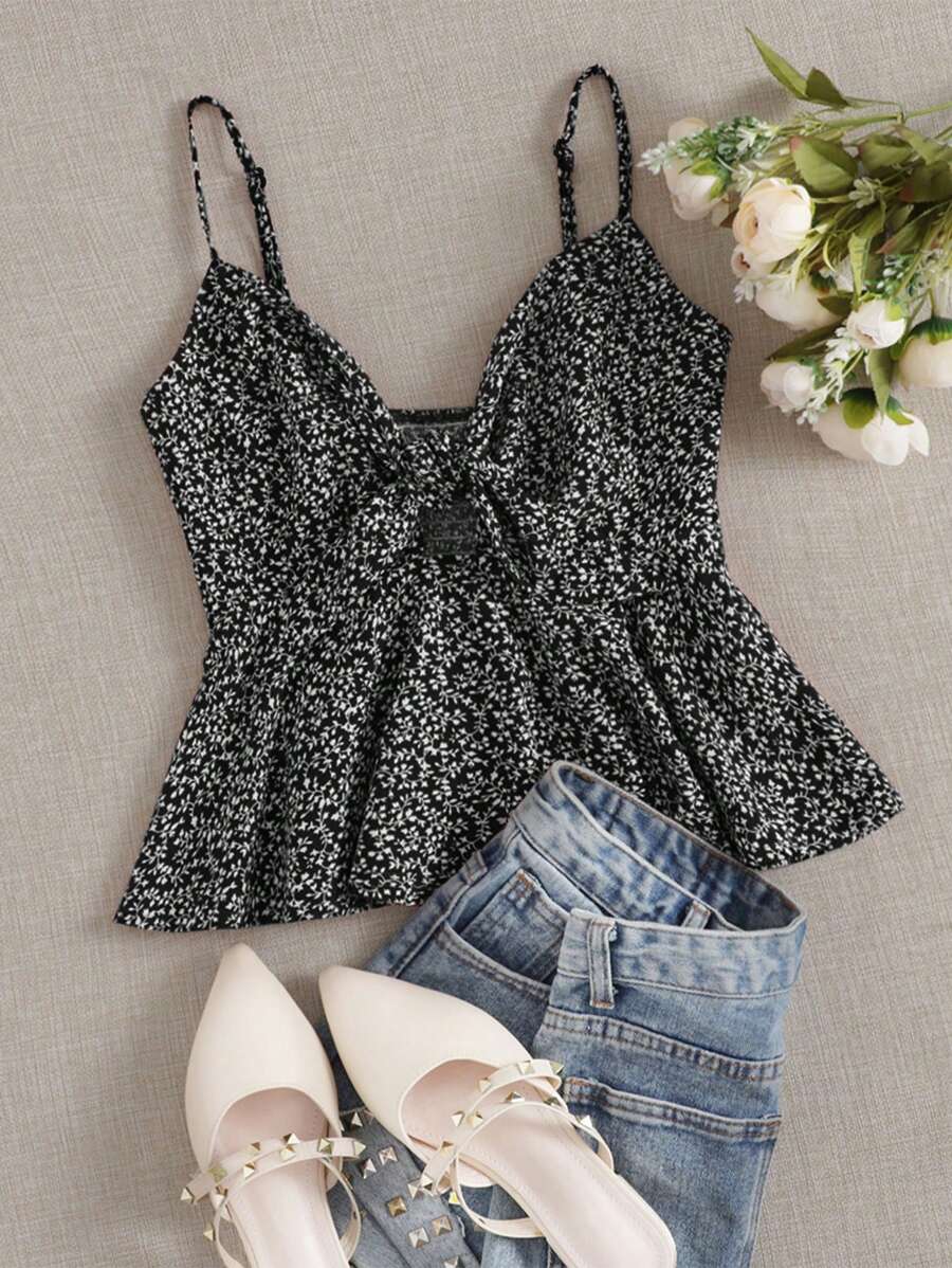 Soleia 結飾滿版植物吊帶上衣 - 黑色 - 查看 1