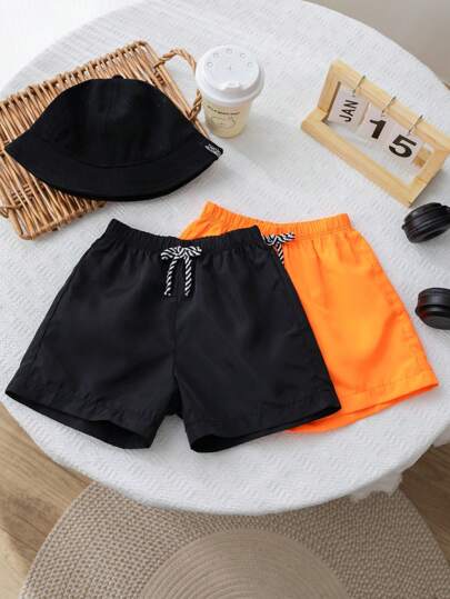 SHEIN 2pcs/Set Young Boy Casual Comfortable Fashionable Simple Practical Cute Soft Breathable Shorts, Suitable For Vacation, Daily, School, Travel, Sports, Spring And Summer Boys Swim Wearswimming Trunks For Boysboy Swimwear Summerboys Swimming Trunks