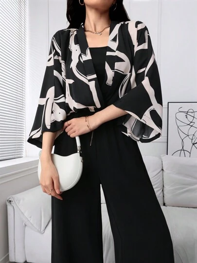 Mulvari 女士随机印花上衣、纯色吊带背心和连体裤 3 件套 2 件套