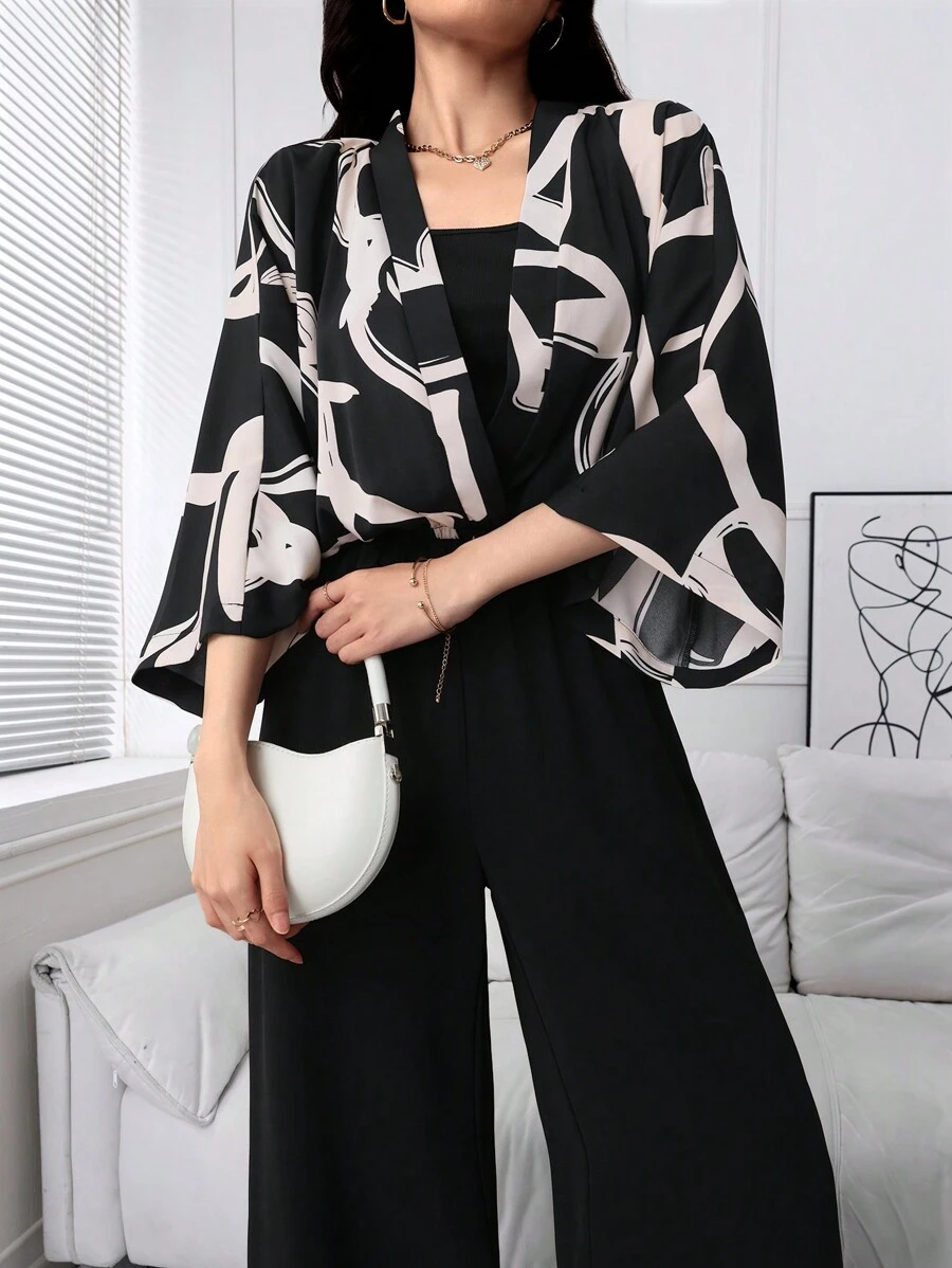 Mulvari Women's Random Print Top, Solid Color Camisole, And Jumpsuit 3-Piece Set 2 Pieces Set - Black - View 1