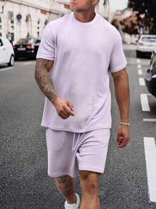 Manfinity Homme Ensemble de t-shirt décontracté pour homme de grande taille à unicolore avec manches courtes et short à cordon de serrage, été