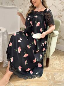 CottageSlumber Plus Size Square Neck Lace Patchwork Long Summer Pajama Night Dress With Bubble Floral Print, Moo Moo - Black - View 1