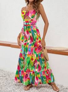Breezaya Women Summer Vacation Style Brush Printed Waist Hollow Out Long Fashionable Cami Dress