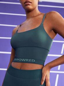 Easithlete Women's Minimalist Sports Bra With Spaghetti Strap And Back Cut-Out, Letter Printed