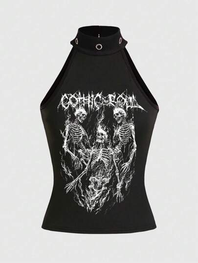 Grunge Punk Canotta donna in stile punk a blocchi di colore con stampa teschio scuro, stile a collo alto lavorato a maglia, per la scuola