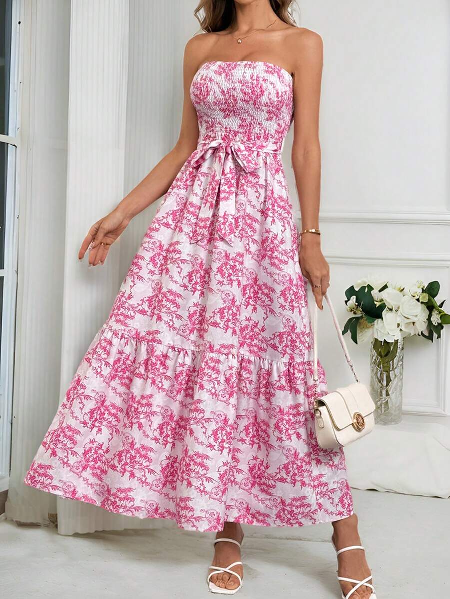 SHEIN Privé 女士優雅花卉印花無肩帶長裙，夏季款 - 彩色 - 查看 1