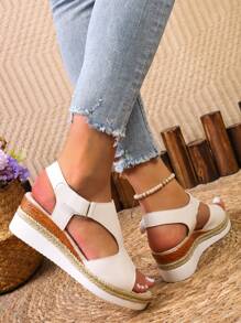 Women's Summer Wedge Sandals, Thick Platform Woven Sole Slip-On Casual Comfortable Adjustable Straps Peep Toe Shoes, White - White - View 4