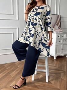 EMERY ROSE Plus Geo Print Asymmetrical Hem Top & Wide Leg Pants For Summer,Spring/Vacation - Blue - View 4