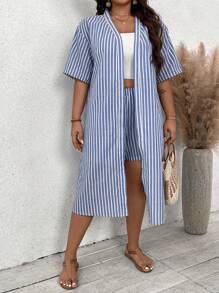 SHEIN VCAY Bộ áo sơ mi sọc dài và quần short kỳ nghỉ Plus Size - Xanh và trắng - Xem 3