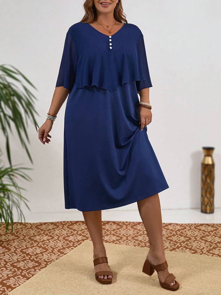 Plus Button Front V Neck Solid Overlay Dress For Summer