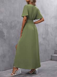 SHEIN Clasi Women's Summer Solid Color V-Neck Ruffled Short Sleeve Dress With Side Slit Maxi Women Outfit - Olive Green - View 2