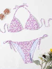 SHEIN Swim 女士夏季海灘零零縫花卉露背性感比基尼套裝，隨機印花 - 彩色 - 查看 4