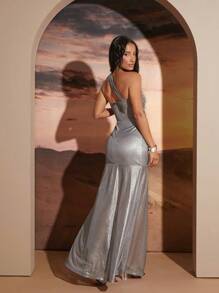 SHEIN Unity Glitter Asymmetric Cut Out Twist Neck Side Slit Dress