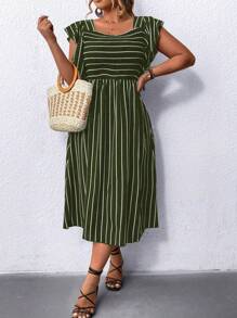 SHEIN LUNE 大尺碼女士條紋印花簡約日常連衣裙 - 軍綠色 - 查看 5
