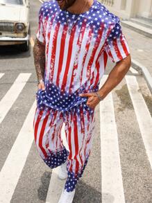 Manfinity LEGND Conjunto de camiseta casual de talla grande para hombre con cuello redondo con estampado de bandera estadounidense de manga corta y pantalones, ropa del 4 de julio