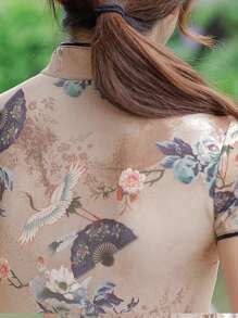 Fikoo 女士夏季服装连衣裙旗袍 - 米色碎花长款新娘/旗袍春假俱乐部礼服，短袖开衩，适合婚礼宾客、花园派对、文化活动、正式场合及外出度假穿着 - 杏色 - 查看 7