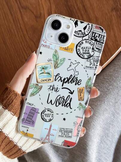 Apple 1pc World Tour Airplane Postmark Pattern Full Cover Transparent TPU Anti-Fingerprint Phone Case Compatible With IPhone 13, IPhone 11, IPhone 14 Pro Max, IPhone 13 Pro, IPhone 15/15 Plus/15 Pro/15 Pro Max/12/12 Pro/12 Pro Max/14/14 Pro/13 Pro Max And Other Models Waterproof Shockproof Anti-Fall Scratch Resistant