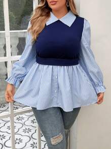 Calvaya Plus Size Women's Spring/Autumn Casual Striped Patchwork 2 In 1 Top - Multicolor - View 4