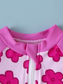 Baby Girl Flower Printed Round Neck Short Sleeve One-Piece Swimsuit For Summer Beach