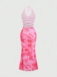Sweetra Women's Random Printed Backless Simple Daily Dress