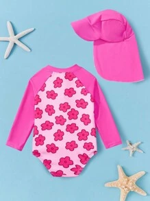 Baby Girl Flower Printed Round Neck Short Sleeve One-Piece Swimsuit For Summer Beach