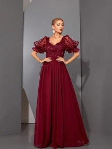 Mgiacy V领泡泡袖高端晚礼服带刺绣、蕾丝和雪纺褶皱派对礼服婚礼宾客礼服舞会礼服 - 酒紅色 - 查看 3