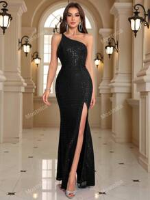 Vestido de noche elegante y formal asimétrico de cola de pez con cuello brillante y piel sintética, ideal para graduación, cena y eventos, en color negro