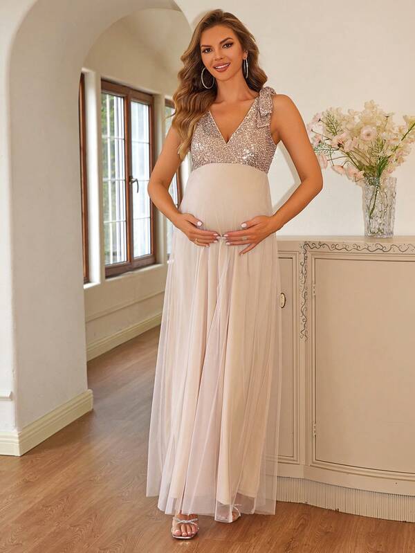 Joyfunear Sukienka ciążowa z kontrastową siateczką i cekinami, bez rękawów, elegancka, na imprezę