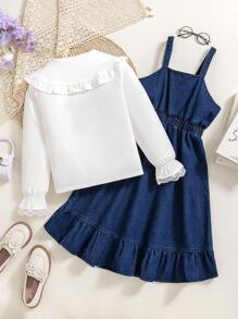 SHEIN Tween Girls 2 件夏季休闲套装：纯色吊带连衣裙和长袖衬衫套装 - 淺藍色 - 查看 2